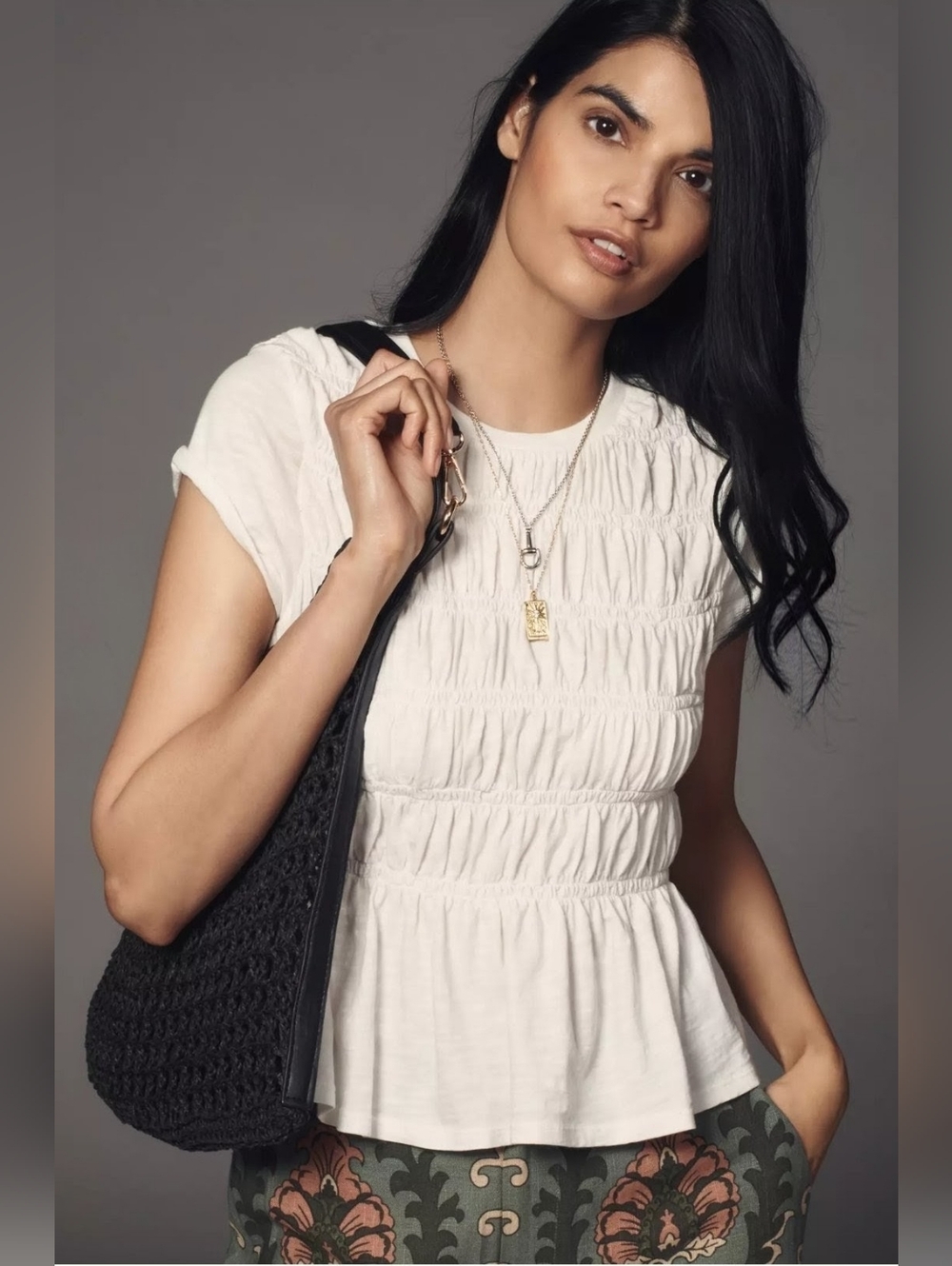 Pilcro Tabby White Smocked Short Sleeve Peplum Top